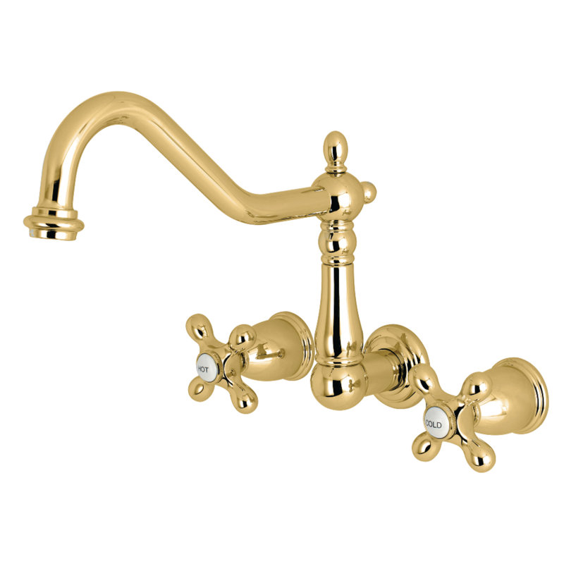 Kingston Brass Heritage Double-Handle 3-Hole Wall-Mount Kitchen Faucet, Polished Brass