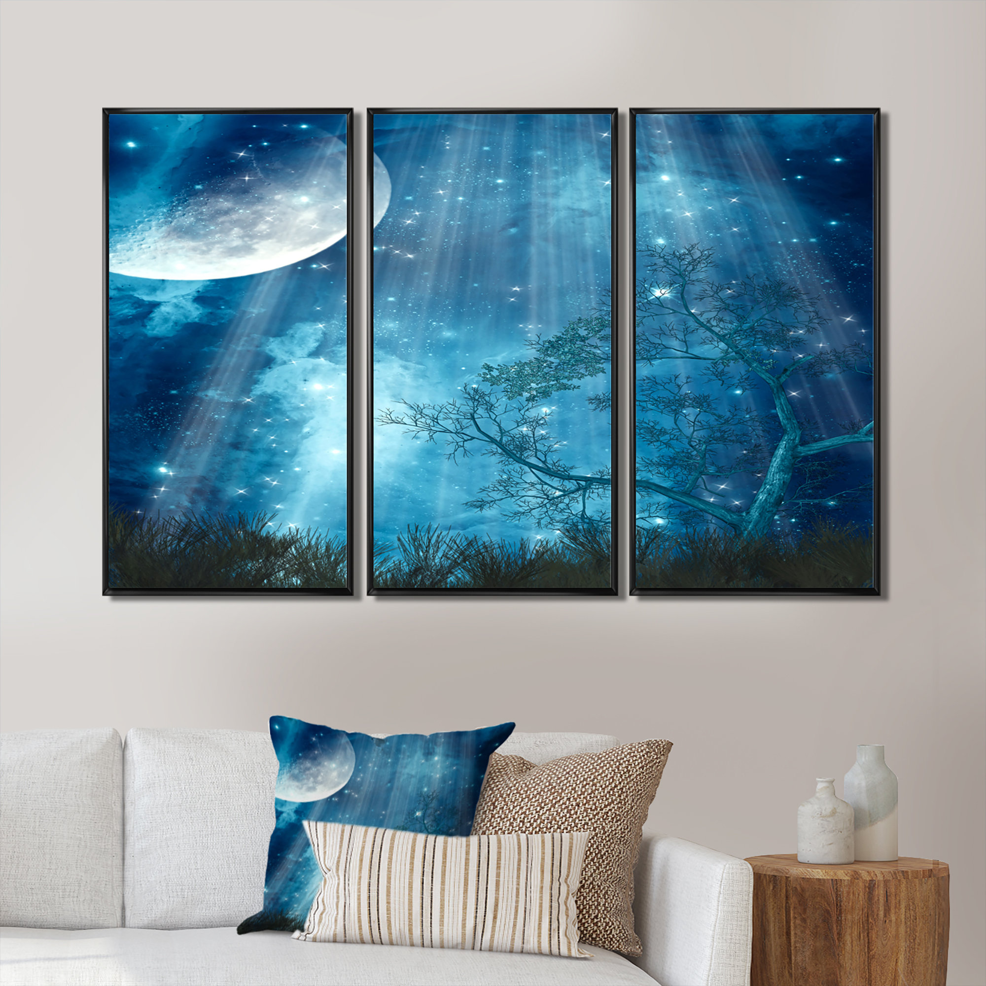 Loon Peak® Big Moon In Blue Forest - Landscape Framed Canvas Wall Art ...