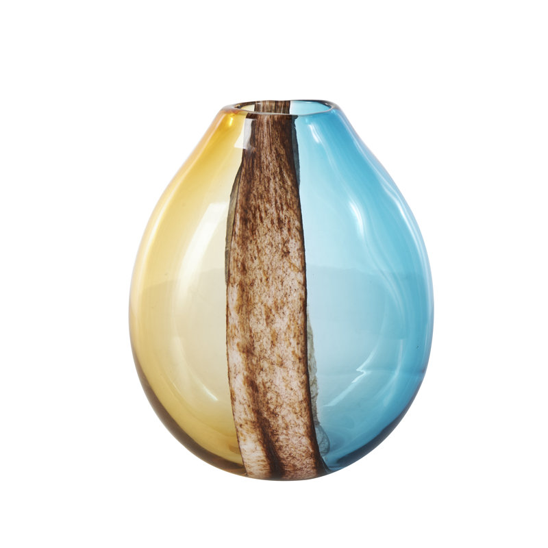 Damiani Glass Rounded Ombre Decorative Multi Colored Vase with Brown Textured Stripe Details