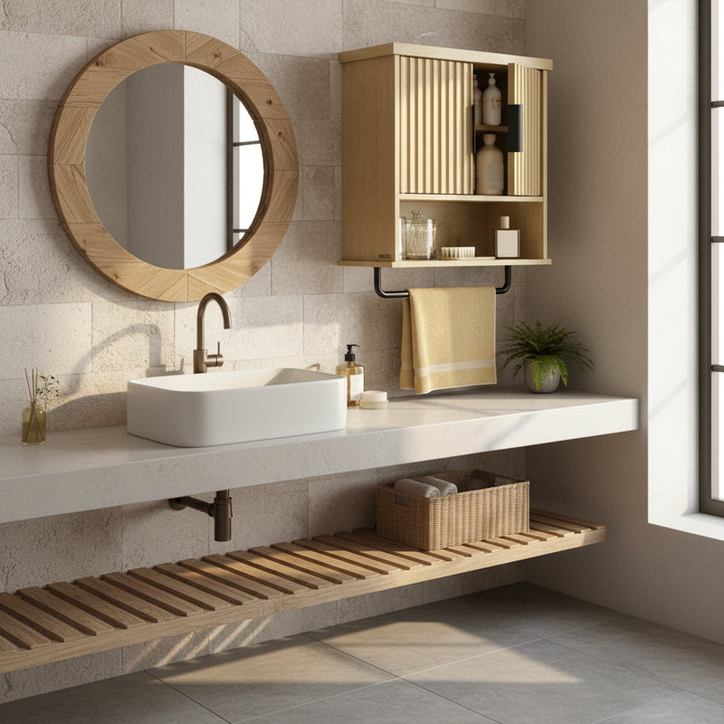 Wall-Mounted Bathroom Cabinet, Over Toilet Hanging Cabinet With Adjustable Shelf, Towel Bar, Fluted Doors