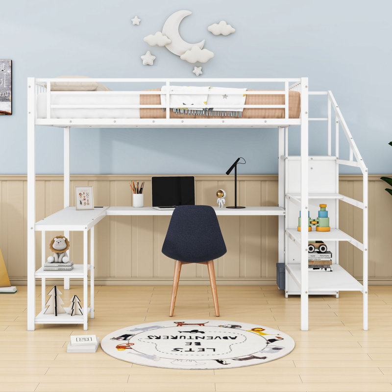 Queen Metal Loft Bed With LED Light, Wardrobe, L-Shaped Desk And Charging Station