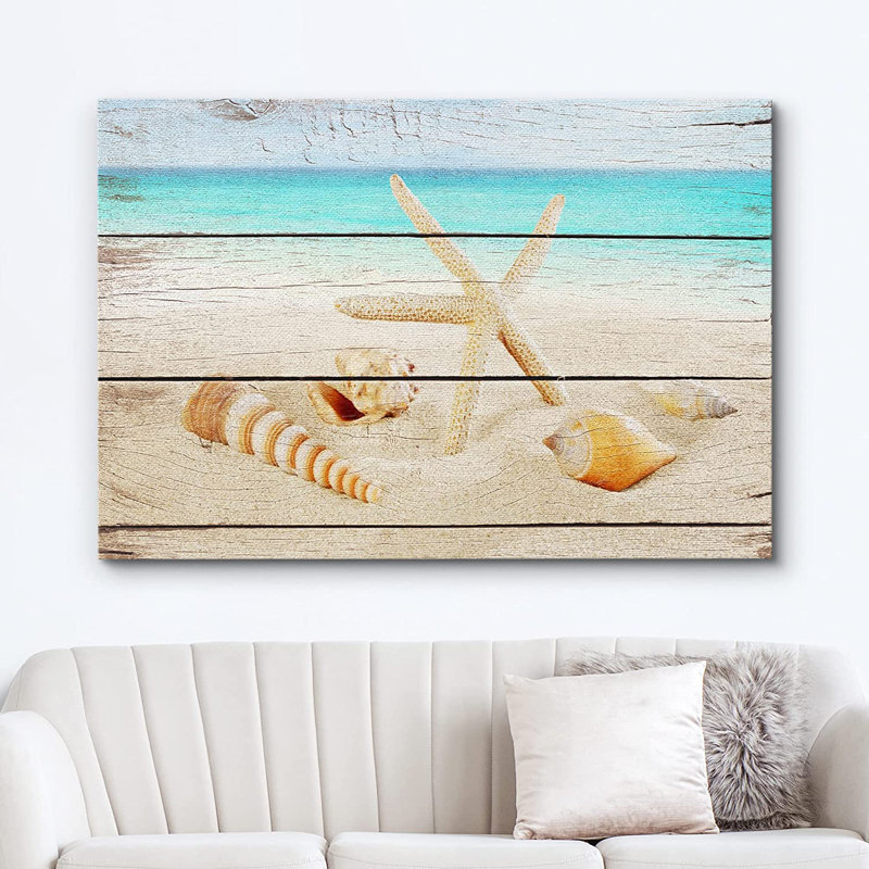 «Coastal Beach Starfish and Seashells on the Beach», impression sur toile tendue, H 12 po x l 18 po x 1,5 po, Wrapped Canvas