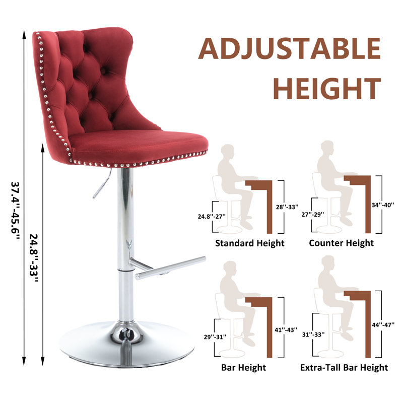 360°Swivel Bar Stools with Sliver Base, Wine Red