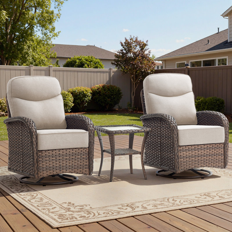 Arbor Swivel Glider Patio Chairs With Side Table, Luxury 6" Water-Resistant Olefin Cushions Outdoor Wicker Chairs For Porch & Backyard