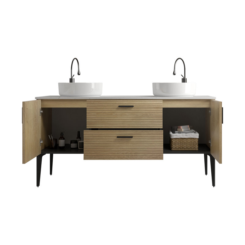 Meuble-lavabo sur pied en chêne naturel rayé avec lavabo en céramique 60 po Emilia