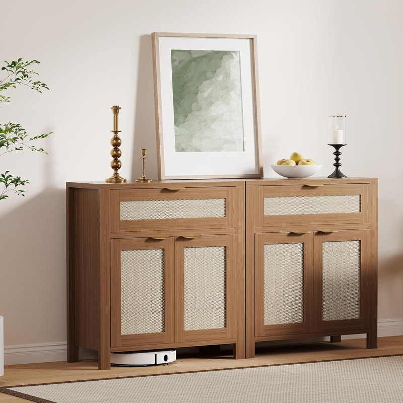 Rattan Sideboard Buffet Cabinet, Farmhouse Natural Storage Accent Cabinets With Drawer And Adjustable Shelf, Brown