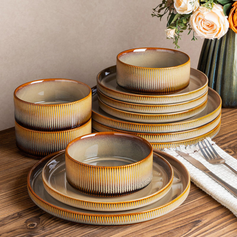 Service de table en céramique 12 pièces pour 4 personnes - Ensemble de bols et assiettes en porcelaine légère | Résistant aux égratignures | Va au four, au micro-ondes et au lave-vaisselle