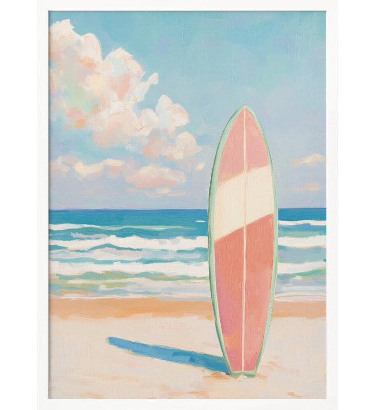 «Sea Beach Surfboard», art mural texturé encadré, Cadre blanc, H 24 po x l 18 po