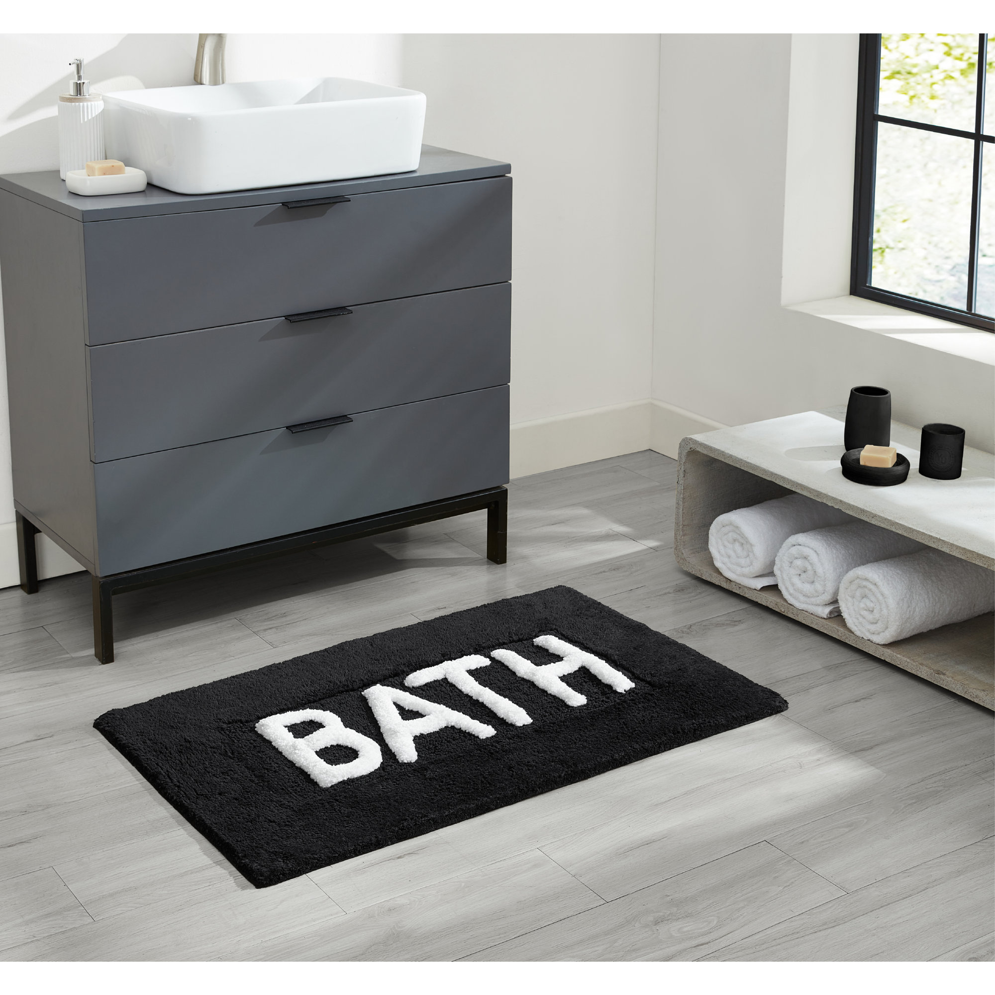 Cotton Blend Non-Slip Bath Rug, Black