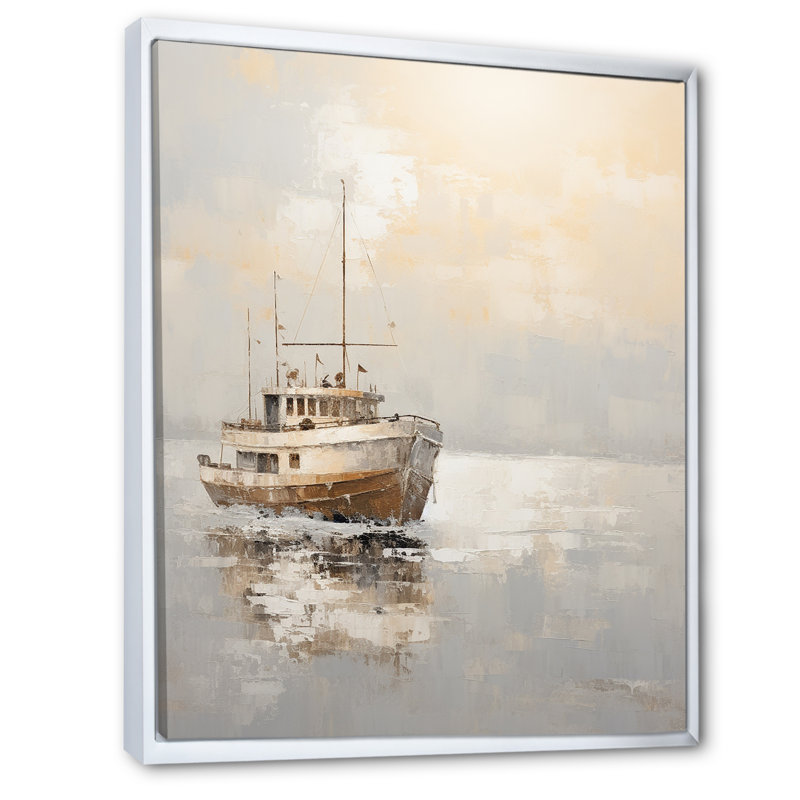Minimalisme, pêche en bateau, horizon sur toile, Cadre flottant blanc, H 44 po x l 34 po x P 1,5 po