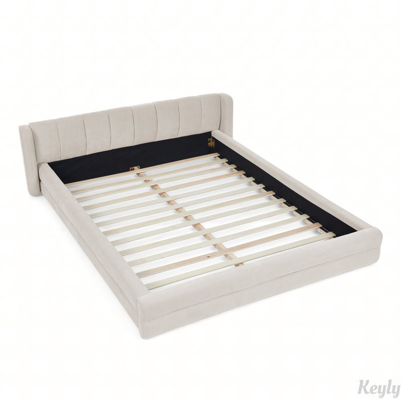Chenille Upholstered Bed Frame with Thick Fabric, Beige
