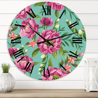 Fuchia fleurs sur vert VIntage - Horloge murale traditionnelle