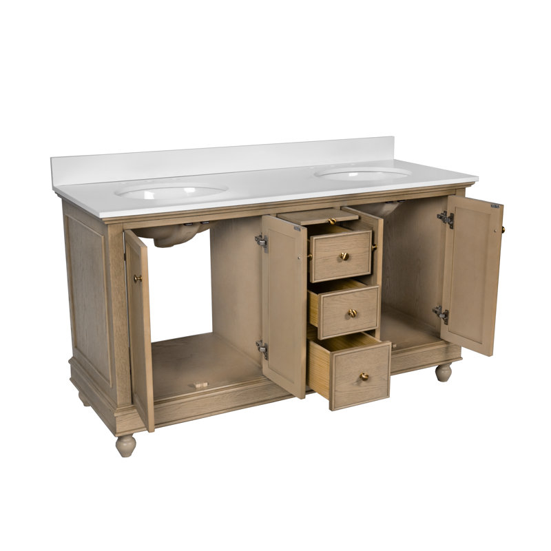 Ensemble de meuble-lavabo double 60 po Dorismar, Chêne gris-beige, Blanc d'ingénierie