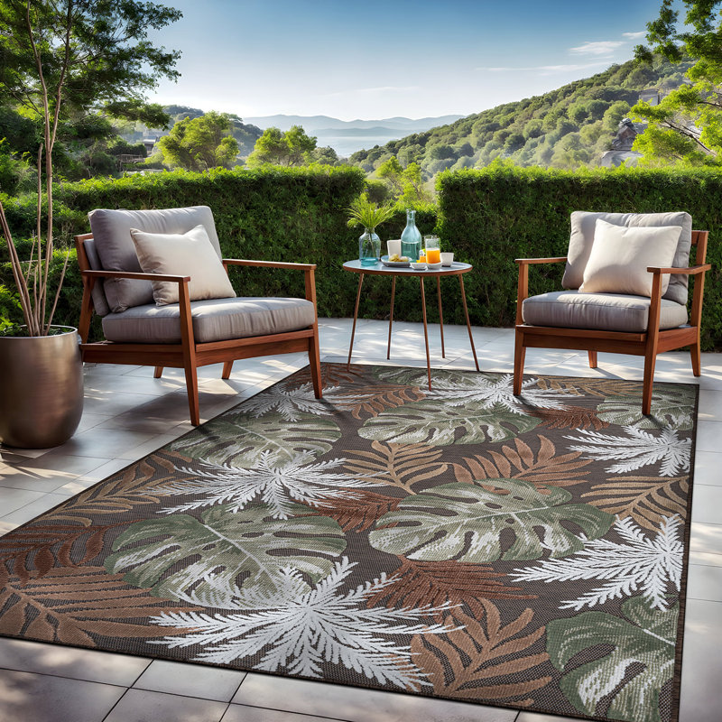 Tapis floral d'intérieur pour l'extérieur, Brown, Rectangle de 10 pi x 14 pi