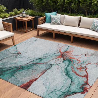 Tapis d'extérieur lavable abstrait bleu sarcelle et terre cuite 8 pi x 10 pi