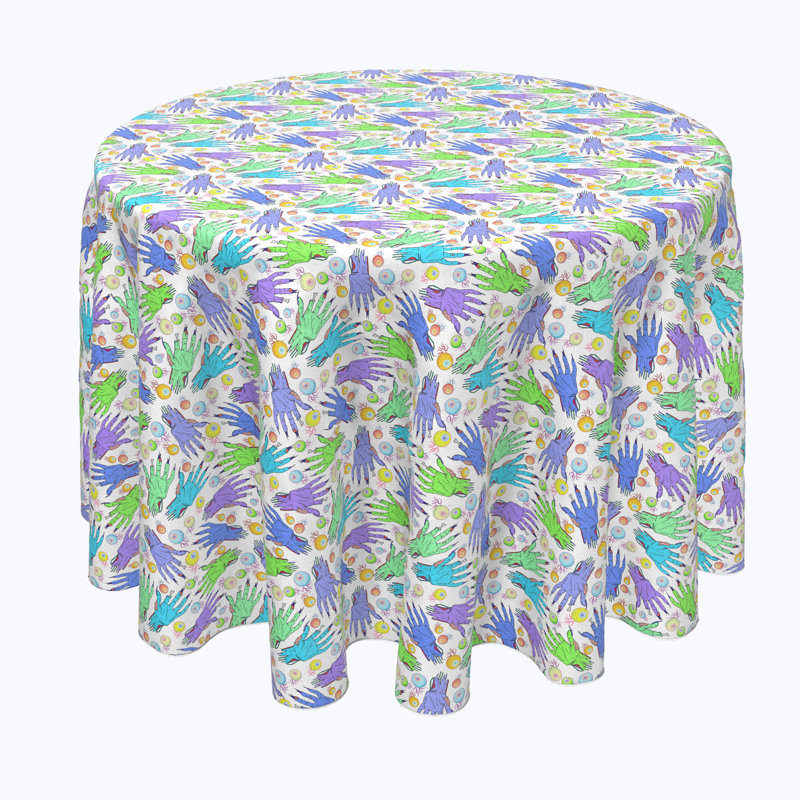 Geometric Round Halloween Tablecloth, 108" L x 108" W, Zombie Hands and Eyes