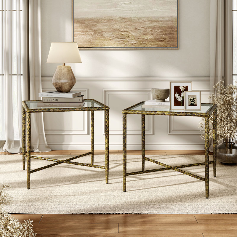 Lalia 2-Piece Hammered Metal X-Brace End Table Set, Matte Gold