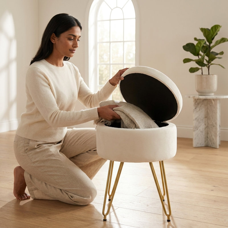 Alaney Stainless Steel Accent Stool, Ivory Velvet