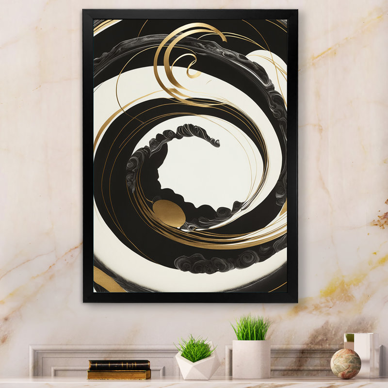 Noir, argent et or mélangeant des tourbillons VI - impression sur toile, Cadre photo noir, H 20 po x l 12 po x P 1 po