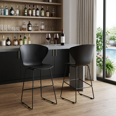 Set of Two 30" Black Heavy Duty Plastic and Metal Low Back Bar Height Bar Chairs