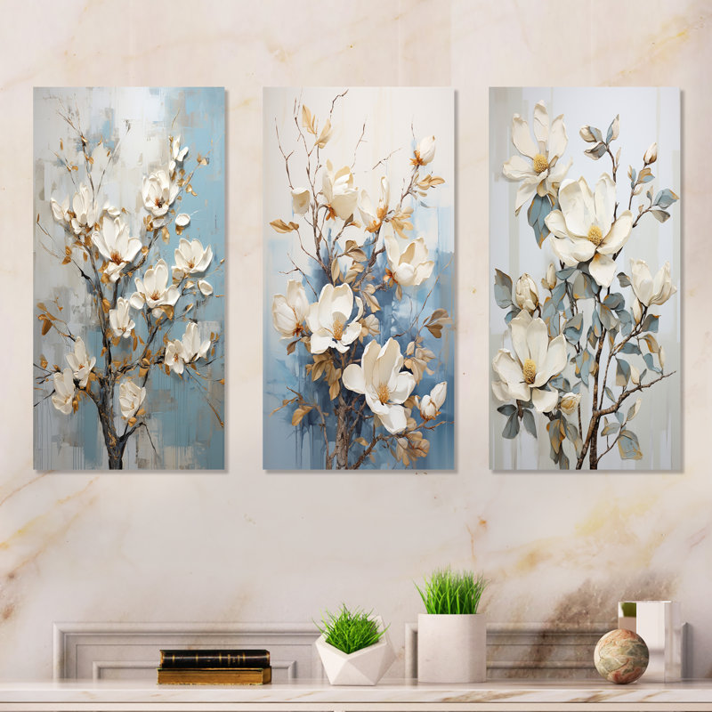 Blue And White Magnolias Flowers Bloom - Magnolias Metal Wall Art Living Room Set Of 3, 28" H x 36" W