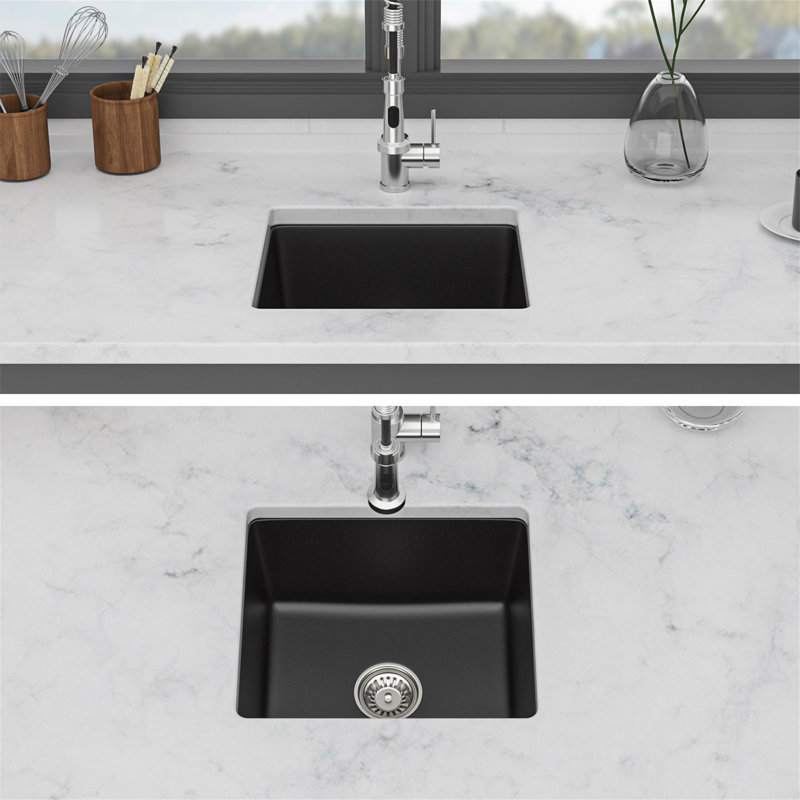 Évier de bar en quartz - Évier de bar encastrable en composite de granit noir 17,3 po x 17,3 po x 8,3 po