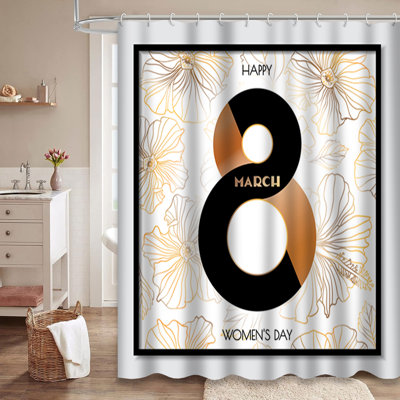 Stylish Women’s Day Geometric Floral White Shower Curtain with 12 Hooks