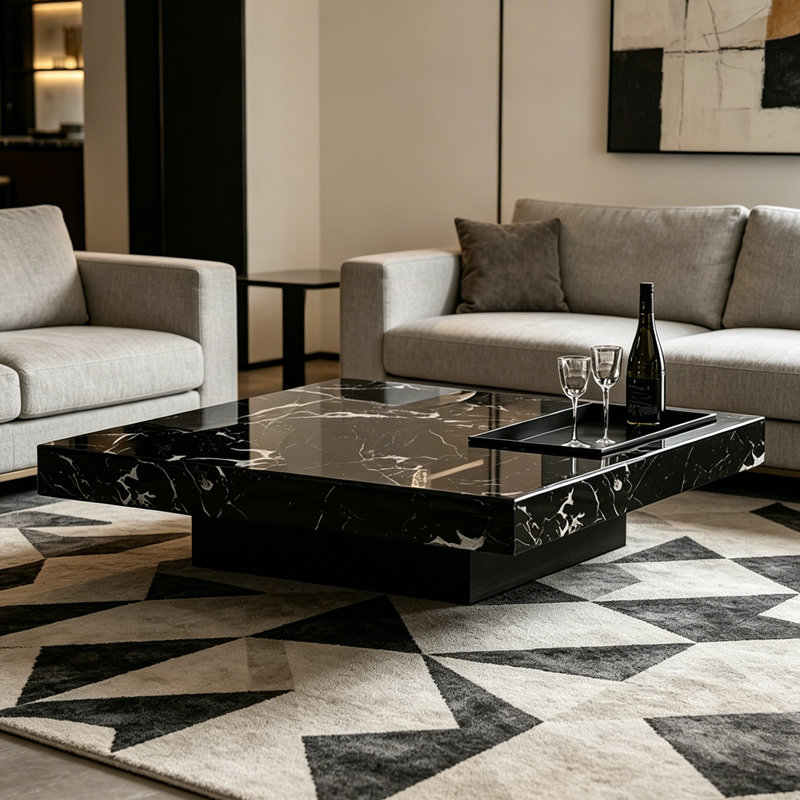 Table basse italienne en marbre minimaliste, 11.8" H x 43.3" W x 43.3" D, Noir / Gris foncé