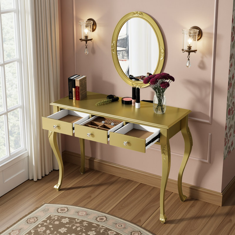Meuble-lavabo de luxe avec miroir ovale, 3 tiroirs et sculptures complexes , Doré