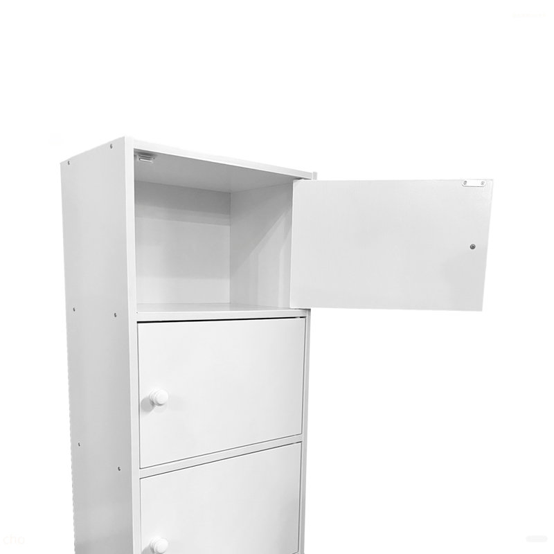 Armoire utilitaire à trois portes avec porte d'entrée, salon, garage, couloir, salle de bain, poignée en bois blanche
