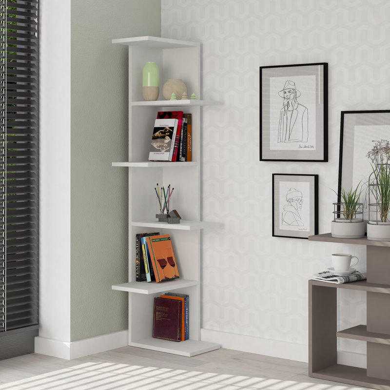 Geometric Tall Corner Bookcase, White