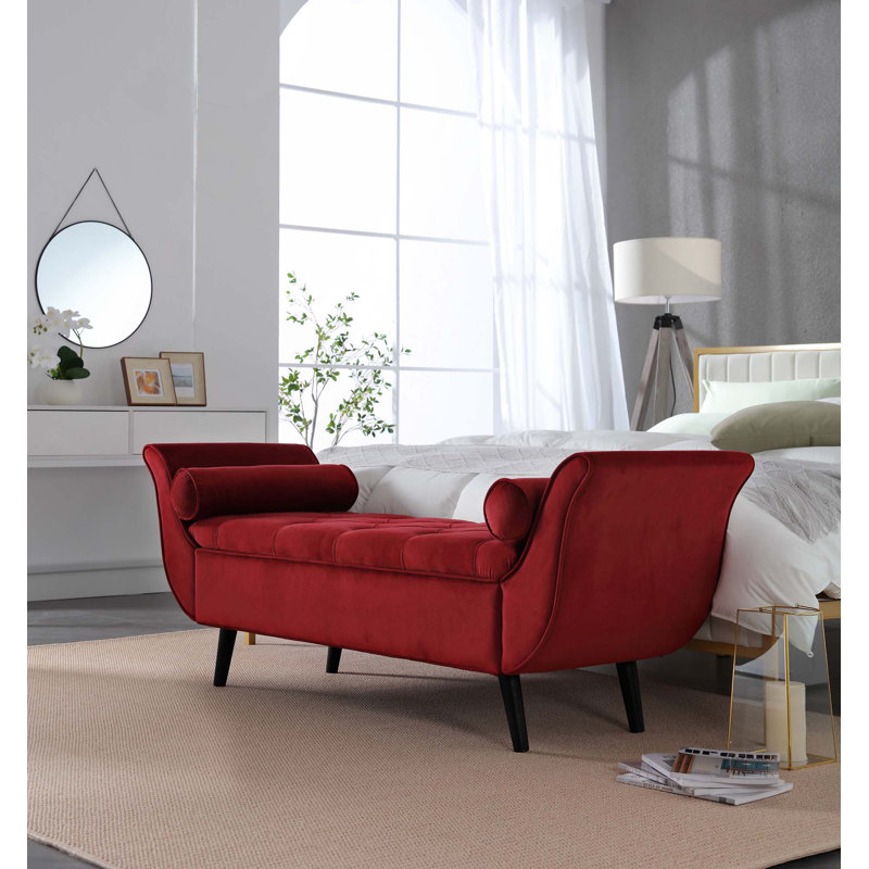 Banc de rangement capitonné capitonné au design rétro classique pour une utilisation polyvalente et polyvalente, Rouge, Noir