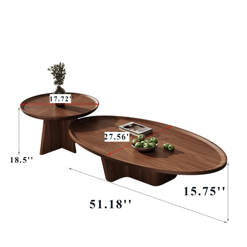 Nesting Oval Coffee Table, Ash Side Table Walnut Wood Coffee Table Set(Set of 2)