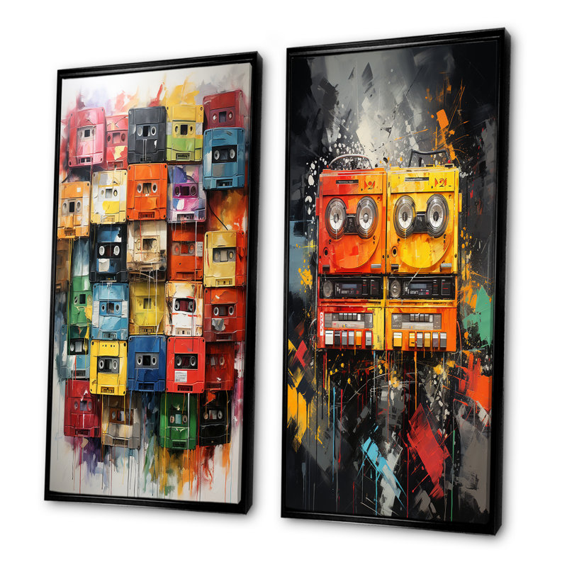 Pop Art Cassette Tapes Melody I - Cassette Tapes Wall Art Prints Ensemble de 2, Cadre noir, H 32 po x l 33 po