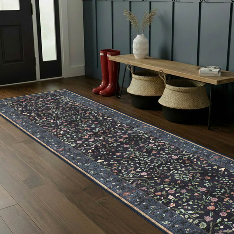 Hunter Washable Printed Chenille Rug, Blue, 2 x 8