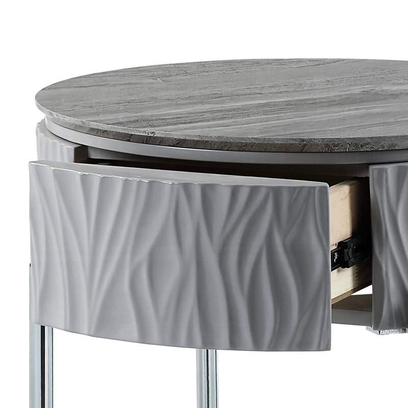 Table de bout Sleek Grey brillant avec pieds et tablettes en métal - Élégant tiroir contemporain ultra brillant