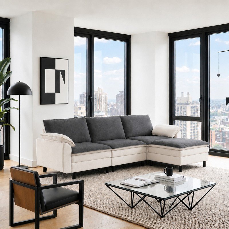 Canapé modulaire en L 100 po avec repose-pieds en chenille noir et blanc 100 po