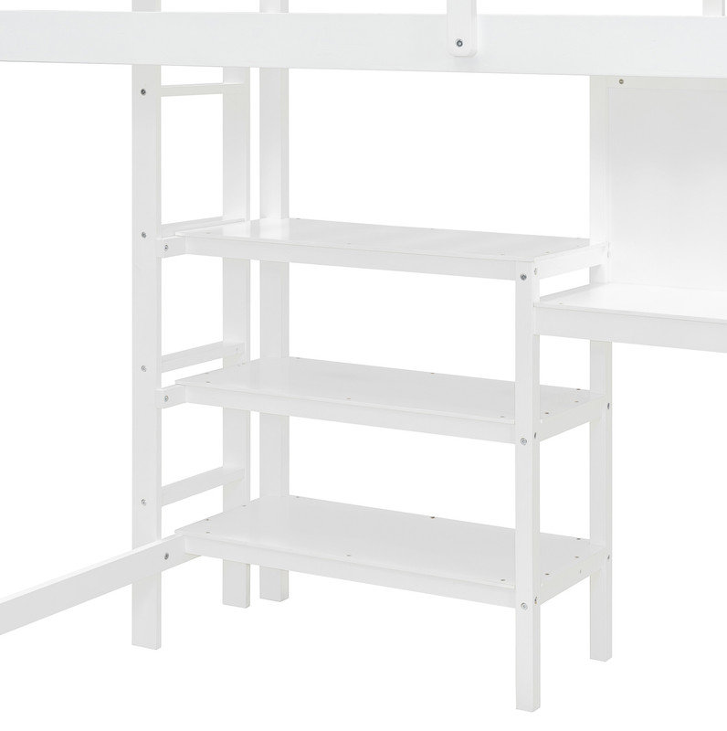 Lit mezzanine simple en bois avec tablettes, bureau et tableau d'écriture - blanc, White