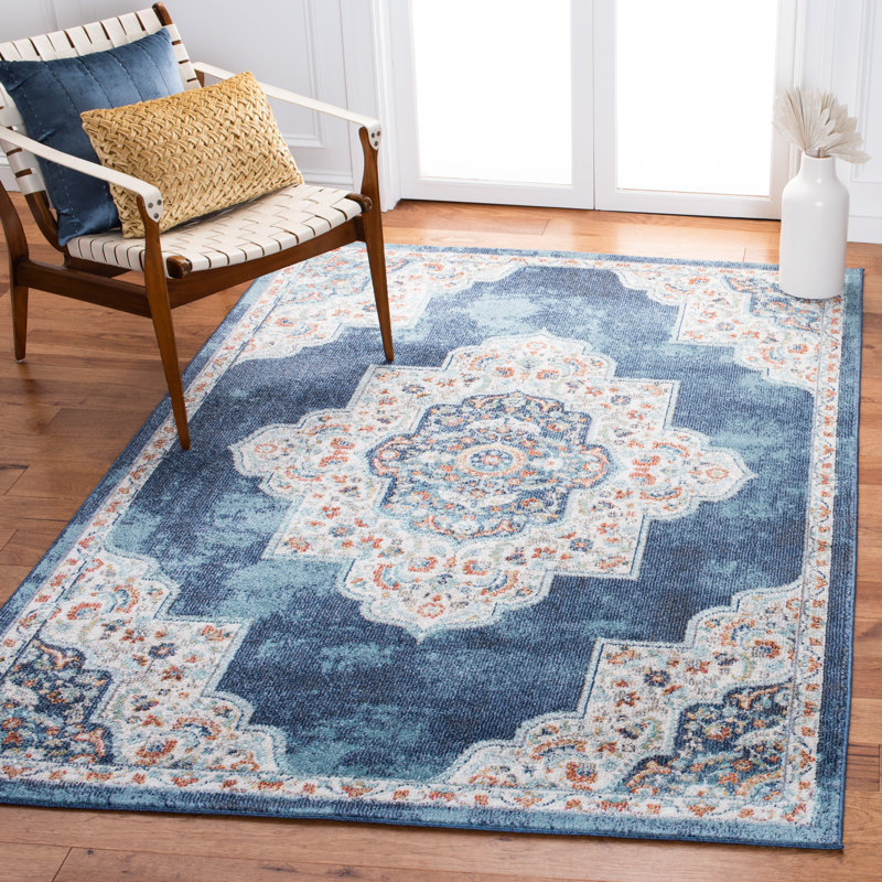 Dostie Oriental Navy/Ivory Area Rug, Rectangle 4'5" x 6'5"