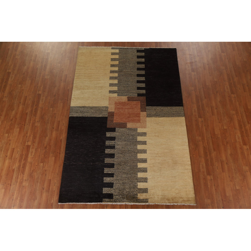 Tapis noir / gris / beige en laine noué à la main de conception unique 6 pi 6 po x 9 pi 10 po New Age Bruggeman