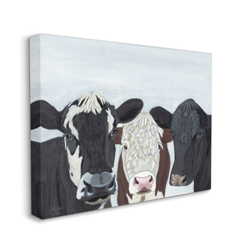 «Three Cows Fun Farmhouse Portrait» par Ashley Justice - peinture sur toile tendue, H 16 po x l 20 po x P 1,5 po