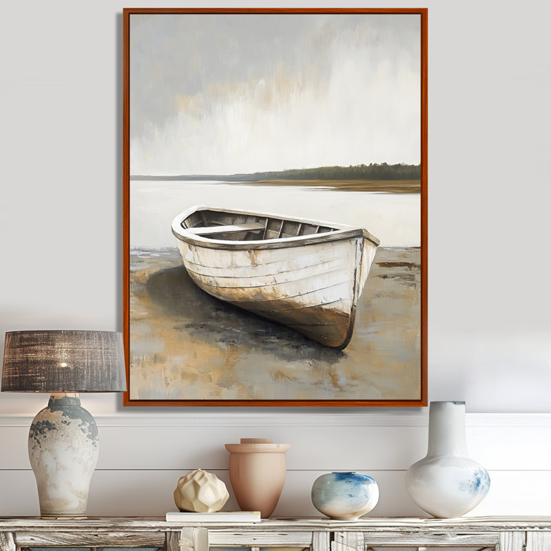 Barque à rames patinée par le temps - Tableau encadré gris de style côtier, H 40 po x l 30 po, Cadre flottant brun