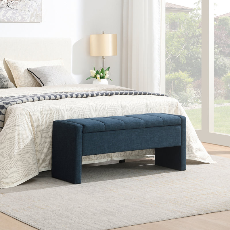 Banc de rangement moderne avec rangement, grand tabouret de repose-pieds rembourré, banc de meuble-lavabo pour fenêtre confortable pour salon, chambre à coucher, dortoir, table basse, lin bleu marine