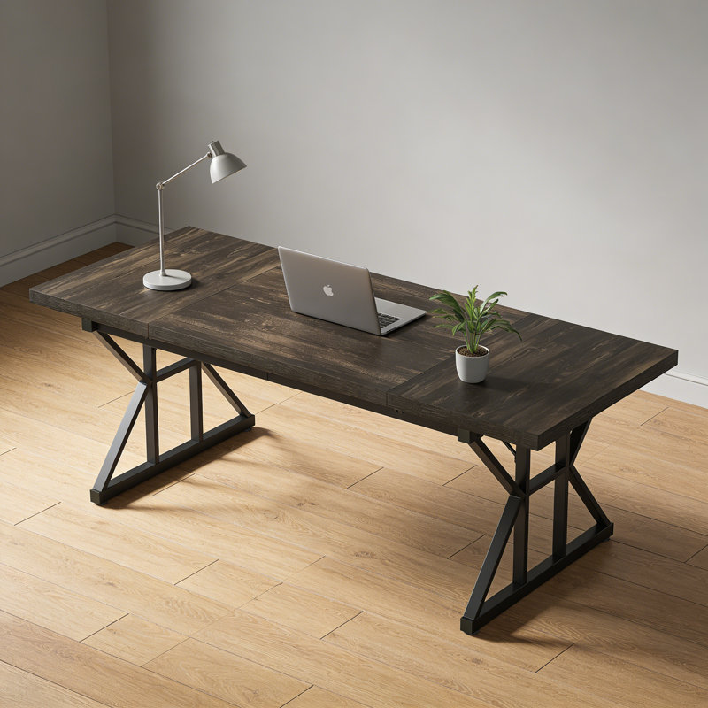 Bureau d'ordinateur rectangulaire avec plateau en bois brun foncé et base en métal noir pour le bureau, Brun foncé / noir