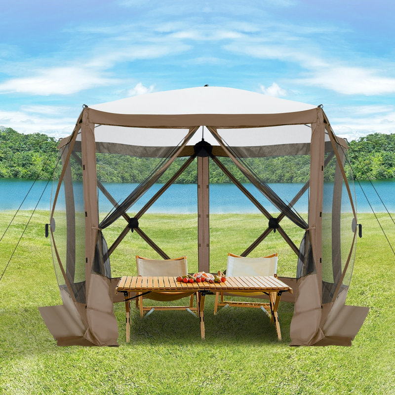 10x10ft Camping Gazebo Screen Tent, 5 Sided Pop-up Canopy Shelter with Mesh Windows, Blue