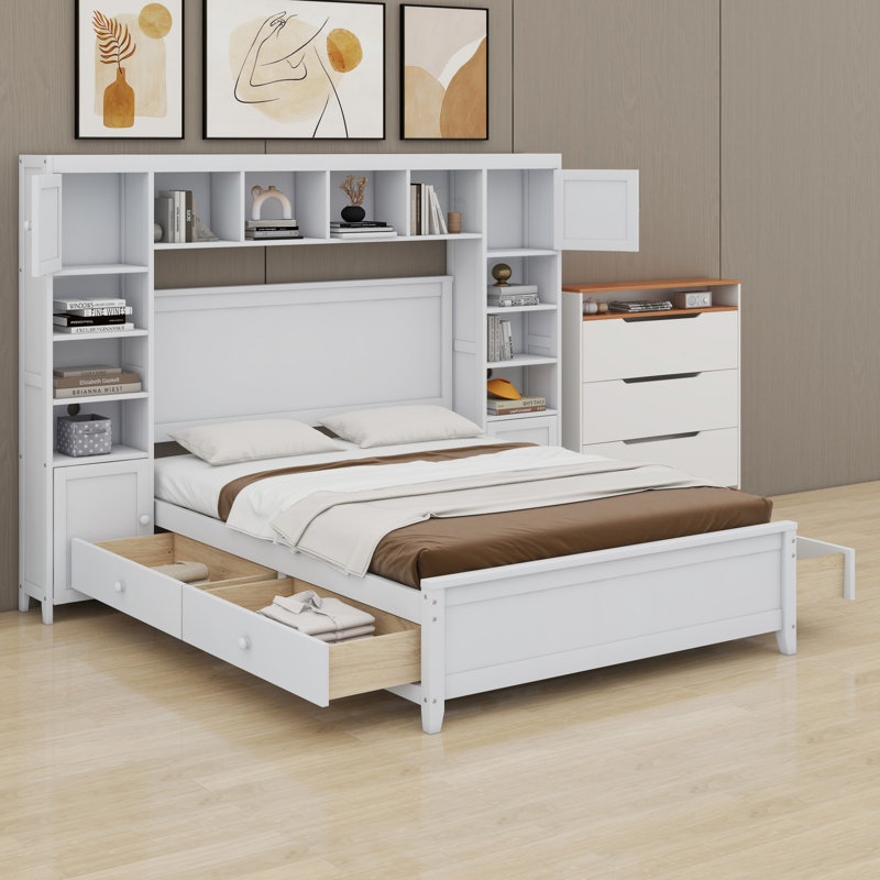 Lit en bois avec armoire et tablette tout-en-un, Blanc