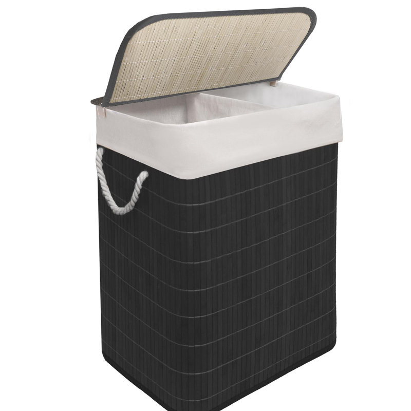 Bamboo Laundry Hamper 105l Dual Compartment Basket Removable Liner Foldable Storage Hamper With Lid, Black