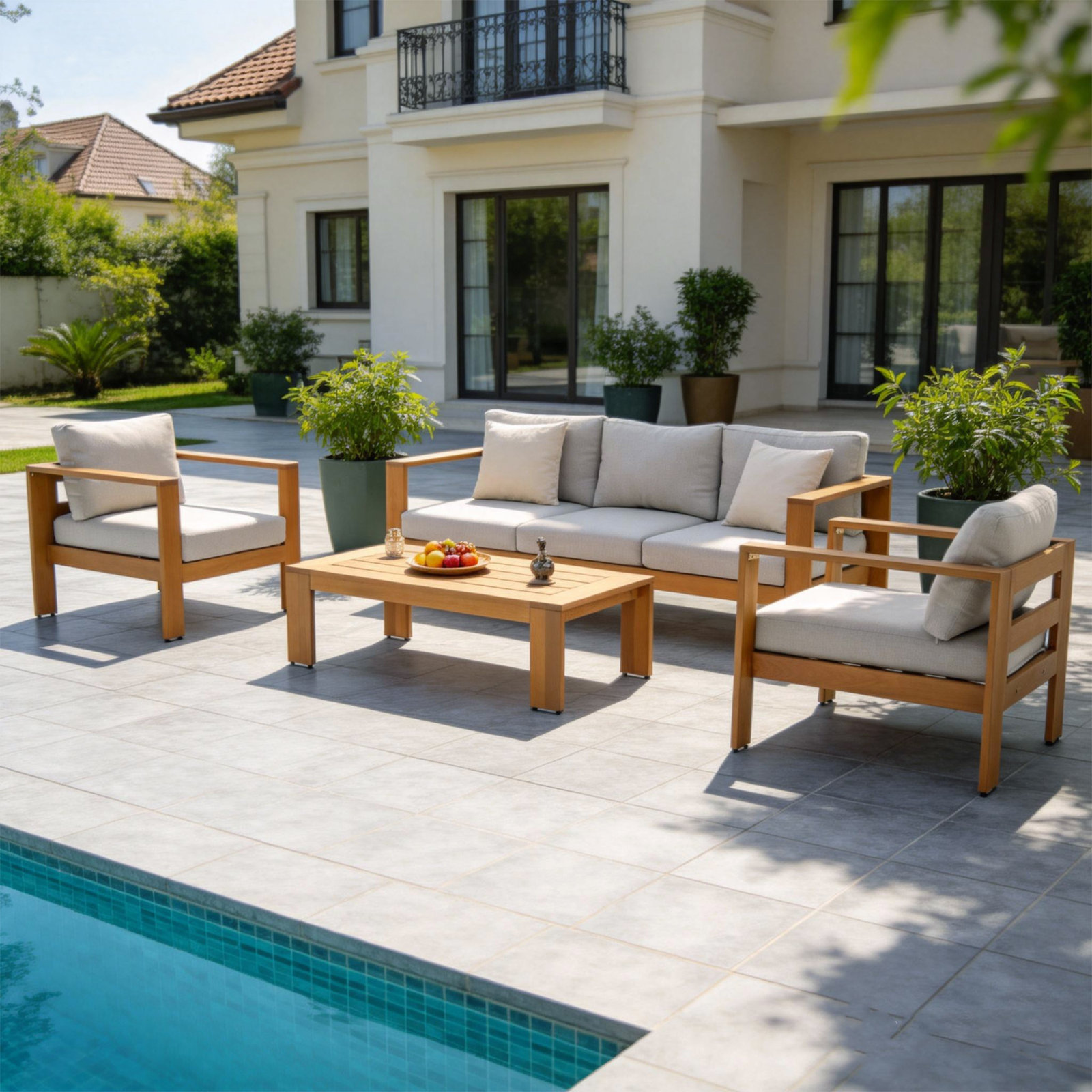 Naylor Eucalyptus Patio Seating Group, 4 Pcs: Table, Sofa, 2 Chairs