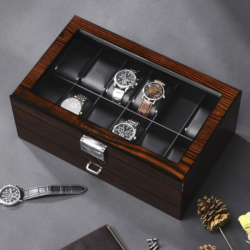 12-Slot Luxury Watch Box with Valet Drawer, Brown