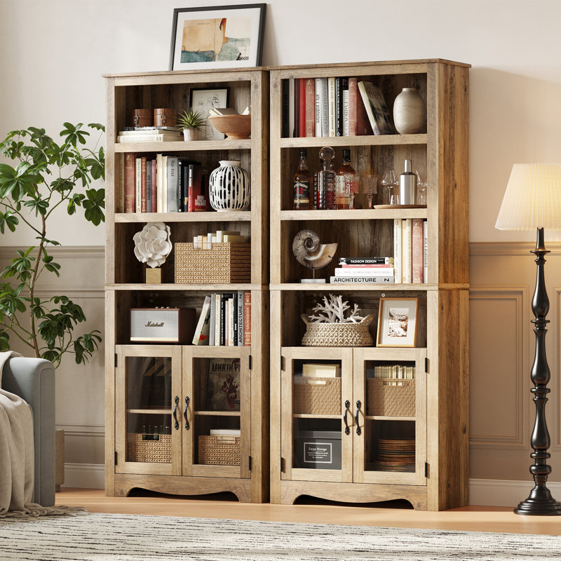 Grande bibliothèque 2 pièces 72 "avec portes en verre trempé et 6 tablettes Kistner, 2 Pieces, Brun